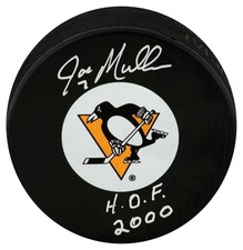 Joe Mullen Signed Penguins Logo Hockey Puck w/HOF 2000 - (SCHWARTZ COA)