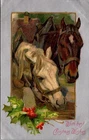 Antique Christmas Horses Holly Berry Farm Scene Embossed Postcard