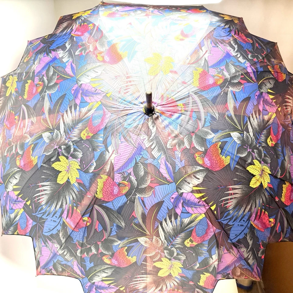 Vintage Tropical Parrot Print Umbrella – Wood Crook Handle – Colorful Art Canopy - Image 2 of 4