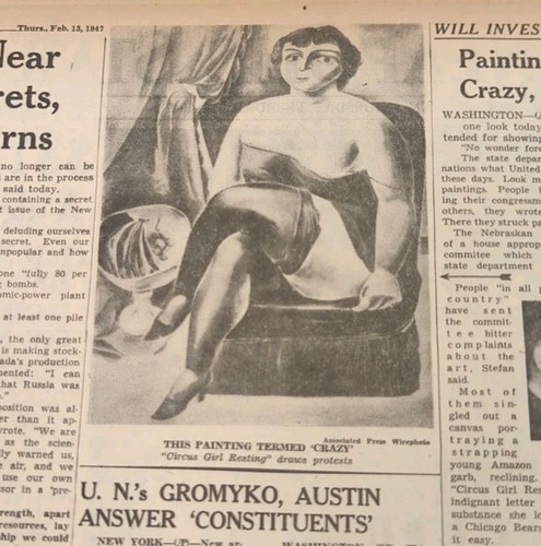 FEB 13, 1947 NEWSPAPER PAGE #1951- "CIRCUS GIRL RESTING" PAINTING CALLED "CRAZY"