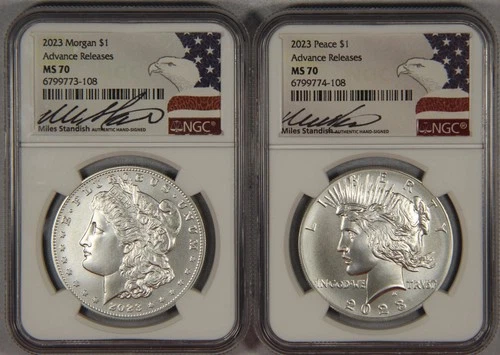 (2) Coins 2023 Morgan & Peace Silver Dollar NGC MS70 Advance Releases Standish
