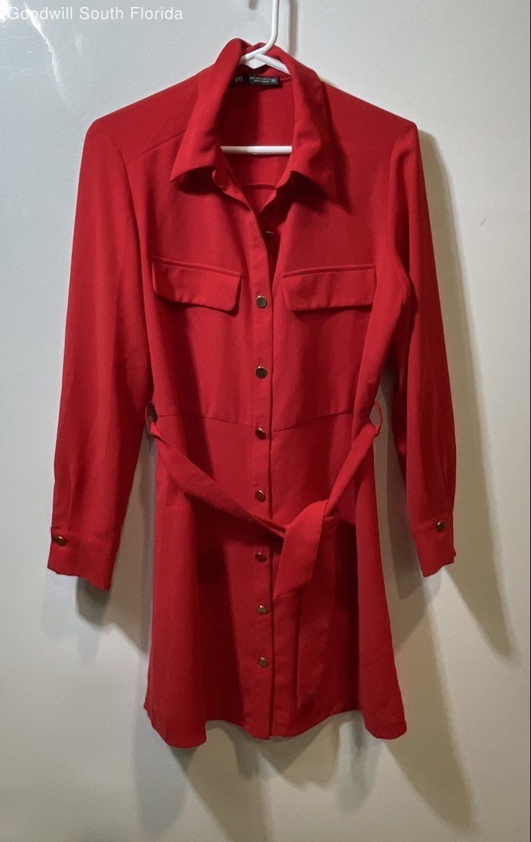 Zara Womens Red Long Sleeve Collared Belted Button Front Shirt Dress Size S