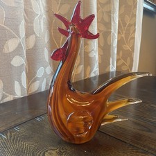 Murano Style Blown Art Glass Rooster 9 1/2 Inches Red, Amber, Cream