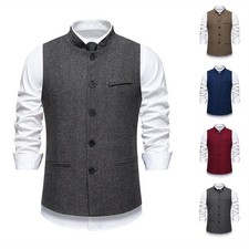 Men's Single Breasted Sleeveless Waistcoat Stand Collar Herringbone Tweed