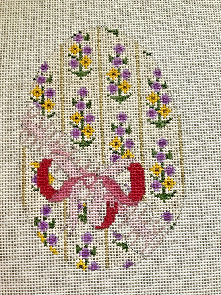 David Needlepoint Hand Stitch Painted Canvases Easter Eggs Lot of 2 Floral Bows - Image 4 of 4