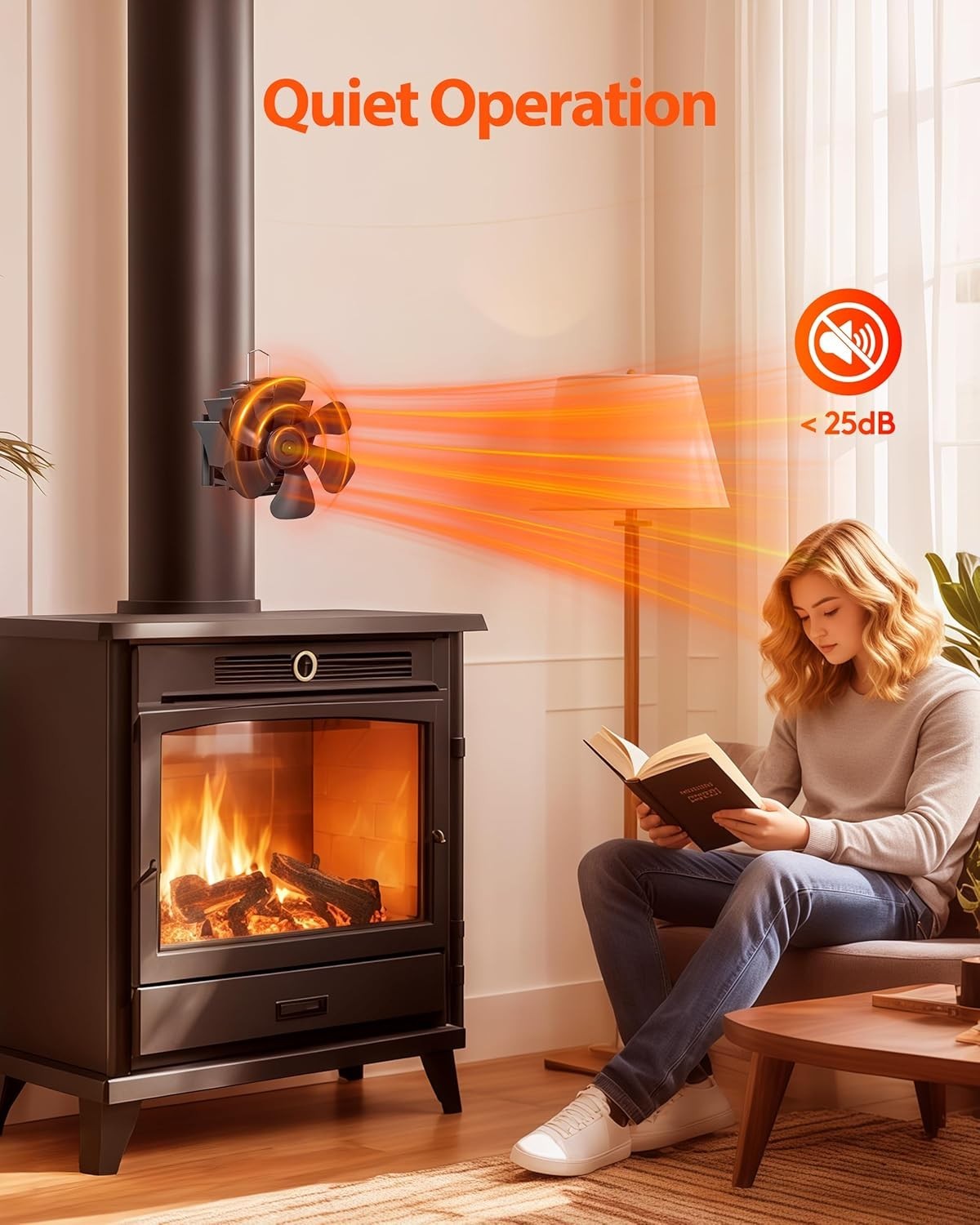 Wood Stove Magnetically Mounted Heat Powered Fan 6 Blades for Gas Wood Burner
