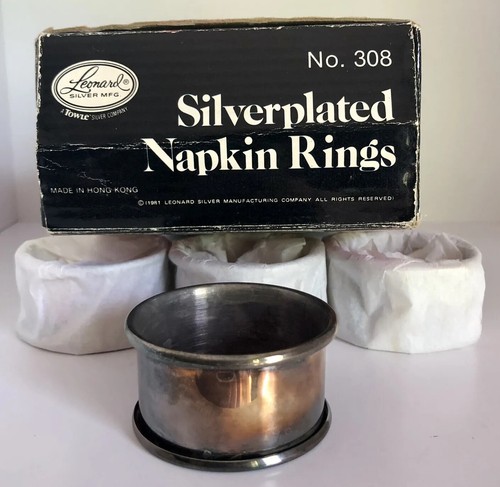 Anillos de servilleta vintage 4 plateados de 2"" Leonard plata MFG 1981 No. 308 empañado - Imagen 6 de 13