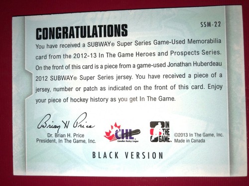 2012-13 ITG Heroes Prospects Subway Series Jersey Patches Jonathan Huberdeau 1/1 - Picture 2 of 2