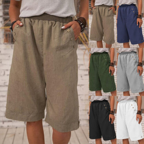 Women Solid Summer Retro Pockets Wide Leg Beach Shorts Ladies Loose Short Pants