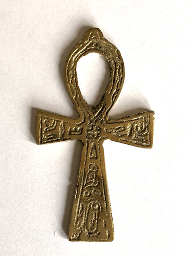 Egyptian Brass Plate Metal Ankh Key of Life Hieroglyphic Pendant 3.75" Vintage 2