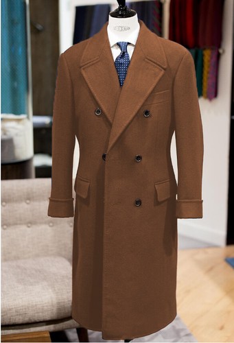 Wool Men's Long Overcoat Double Breasted Peak Lapel Formal Business Outdoor Coat - Picture 11 of 26