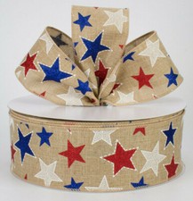 1.5"/2.5" wired ribbon Patriotic glitter red white blue stars 5yds CHOOSE WIDTH