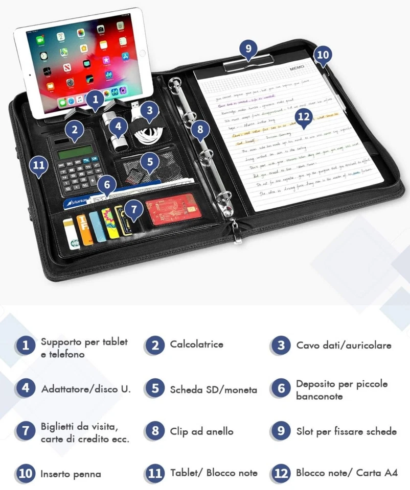 Cartella Portadocumenti A4 Con Cerniera Pelle Impermeabile Organizer Da Viaggio - Immagine 3 di 4