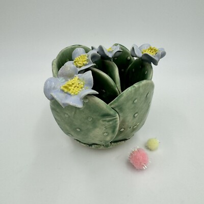 Opuntia Art Pottery Handmade Prickly Pear Cactus With Flower Blossoms Marked