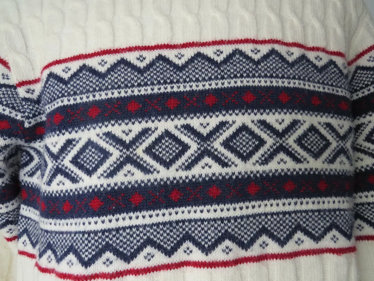 Vtg WHITE LORD JEFF CABLE SWEATER 70s retro fair isle pullover M wintuk orlon
