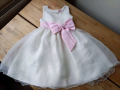Pretty Lovely Pink Diamante Bow Cream Bridesmaid Tulle Layered Dress 3-4 yrs VGC - Picture 9 of 15