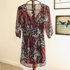BeBop Boho S Black and Maroon Paisley Print Scoop Neck Half Sleeve Dress EUC