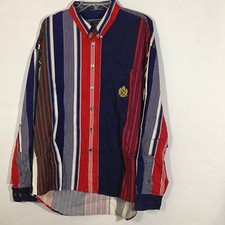 Vtg Guess Striped Button Front Shirt Mens Collar L/S Chest Emblem 100 Cotton XL