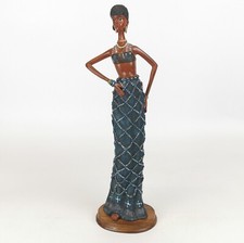Tall Elegant African Lady Figurine - Hand-Painted Resin Ornament on Wood Base