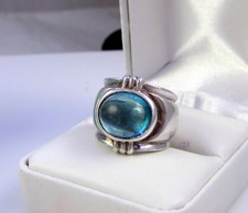 Estate Vintage Sterling Silver Rare Bright Blue Art Glass Size 5 Wide Band Ring
