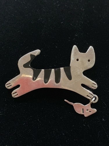 Vtg Signed AJH Anne Jane Harvey Cat and Mouse Sterling Silver Pin Brooch 925