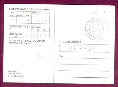 Vintage QSL Radio Card Germany DJ5FF Ilse Schmitt Bensheim October 1 1978 - Picture 2 of 2
