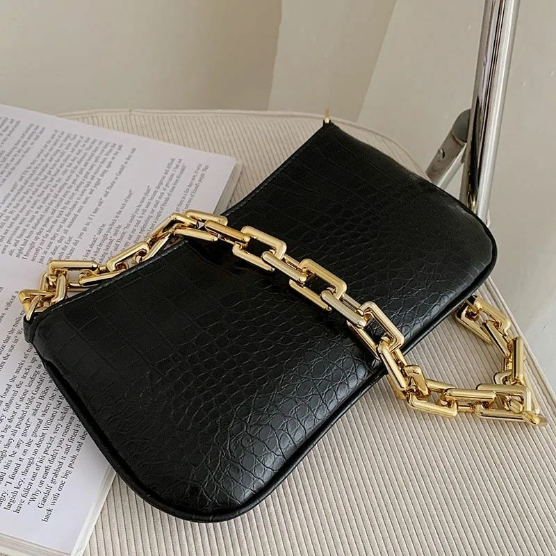 Women Minimalist Handbags Thick Metal Chain Armpit Shoulder Bag Fashion  Purse