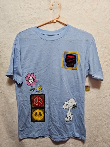 Peanuts NEW♈Junior's crocheted SS knit Tee size L~Blue~Snoopy Keep Smiling - Picture 2 of 6