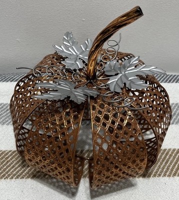 Metal Lattice Copper Colored Pumpkin Silver Leaves 9.5  Wide 9.5  Tall (w/Stem)