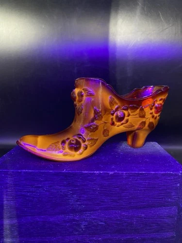 Fenton Ruby Red AMBERINA Cadmium Glow Cabbage Rose Slipper Shoe Figurine