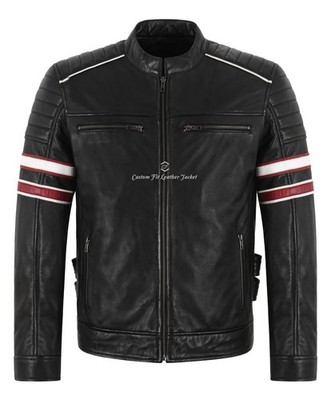 Herren Echt Leder Biker Jacke Schwarz Cafe Racer Style Motorrad Retro Gestreift