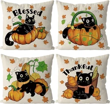 Set of 4 Fall Pillow Covers 18x18 Cat & Pumpkin Decorative Cushion Covers