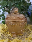 Vintage Jeanette Carnival Glass Peach Luster Iridescent  Footed Candy Dish Lid
