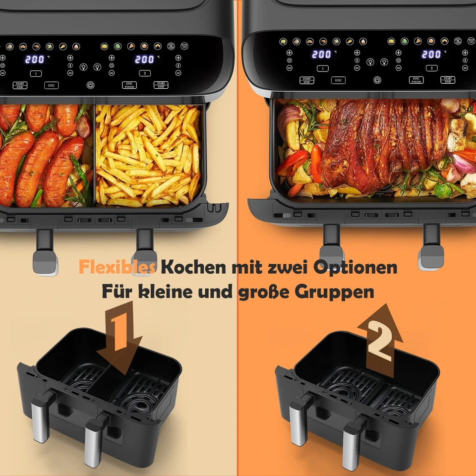 10L Doppel Heißluftfritteuse XXL Dual Air Fryer Digital Fritteuse Ohne Öl 2400W - Bild 3 von 4