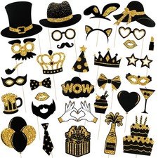 36PCS Black and Gold Photo Booth Prop, Birthday Party Photo Booth Props for P...
