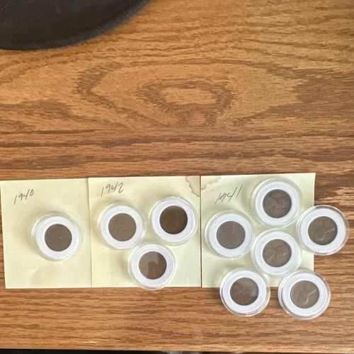 Lincoln Wheat Cent Circulated Lot, 1-1940, 6-1941, 3-1942, 10 Coins in Holders
