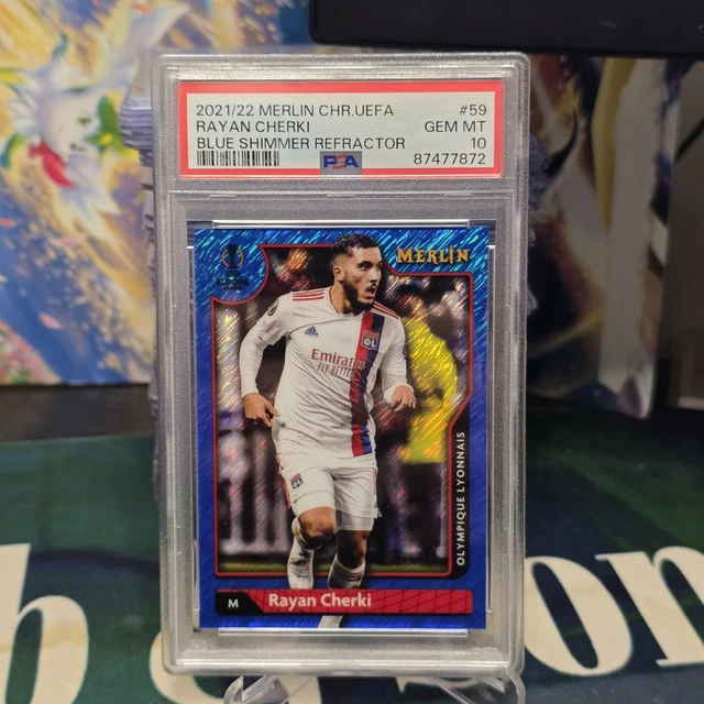 2021/22 Merlin Chrome UEFA Rayan Cherki RC Blue Shimmer /75 PSA 10 FRANCE 🇫🇷
