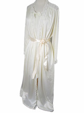Vtg Shadowline Peignoir Nightgown and Robe Set Chiffon/Satin Lace Trim Women's M