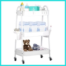 Baby Diaper Caddy Cart 3-Tier Metal Rolling Cart Nursery Storage Organizer fo...