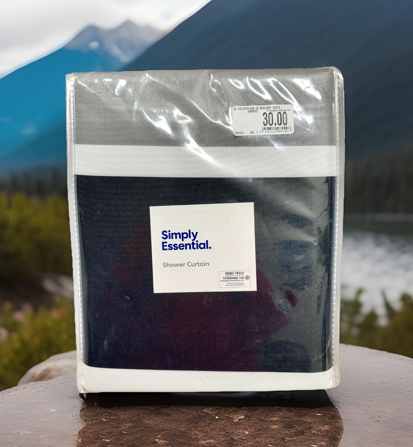 Shower Curtain Simply Essential 72”x96” Color Block Stripe Black/Grey Extra Long