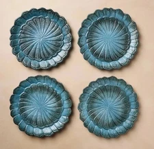 John Derian Target Blue Feather Scalloped Edge Stoneware Salad Plates 9" Set 4