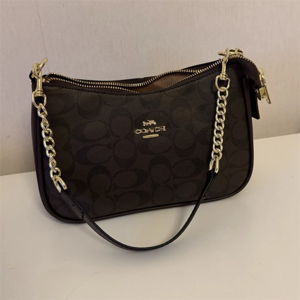 Coach sac bandoulière cuir/toile marron logo, sangle amovible, zip, dust bag - Photo 1/4