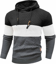 Mens Hooded Sweatshirt Long Sleeve Solid Knitted Hoodie Pullover Sweater