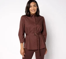 BEAUTIFUL by Lawrence Zarian Women's Top Sz L Poplin Belted Sleeve Brown A654830