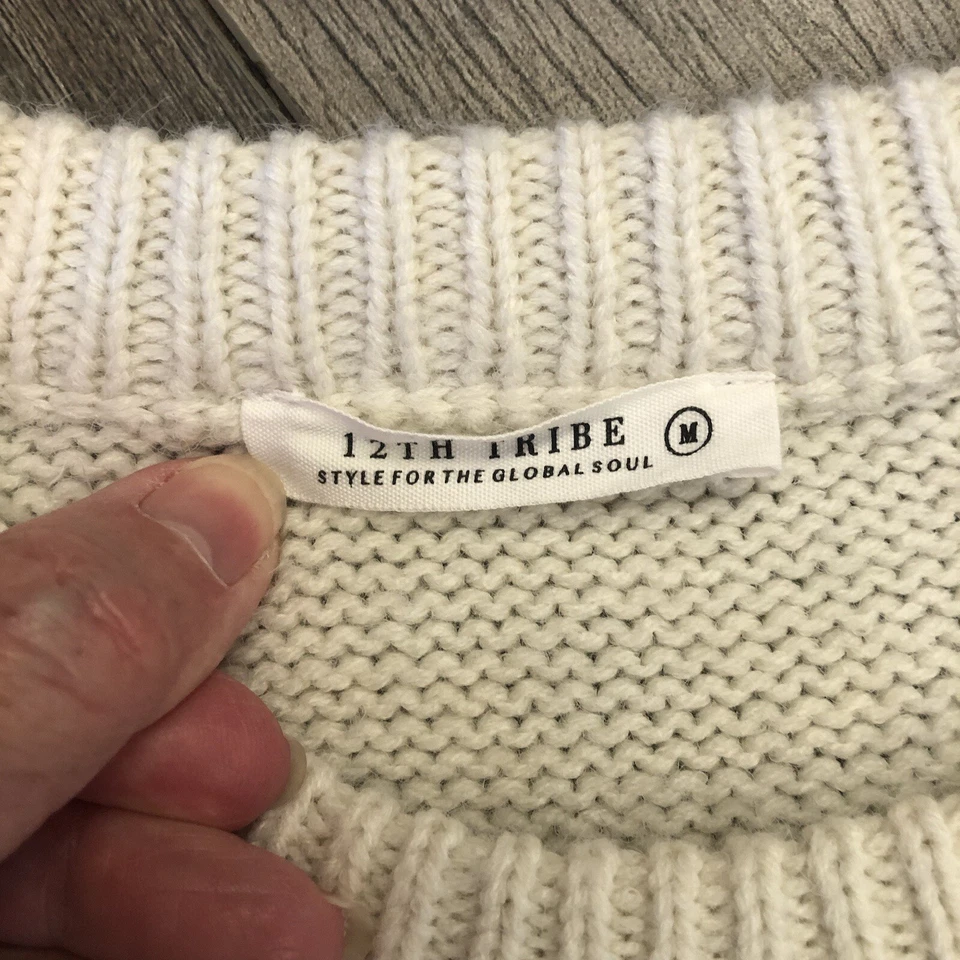 Vestido 12th Tribe Peggy M creme robusto malha de cabo gola redonda mangas compridas listras - Imagem 3 de 4