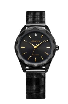 Geneva Ladies Genuine Diamond Dial 34mm Gunmetal Tone Faceted Bezel Mesh Watch