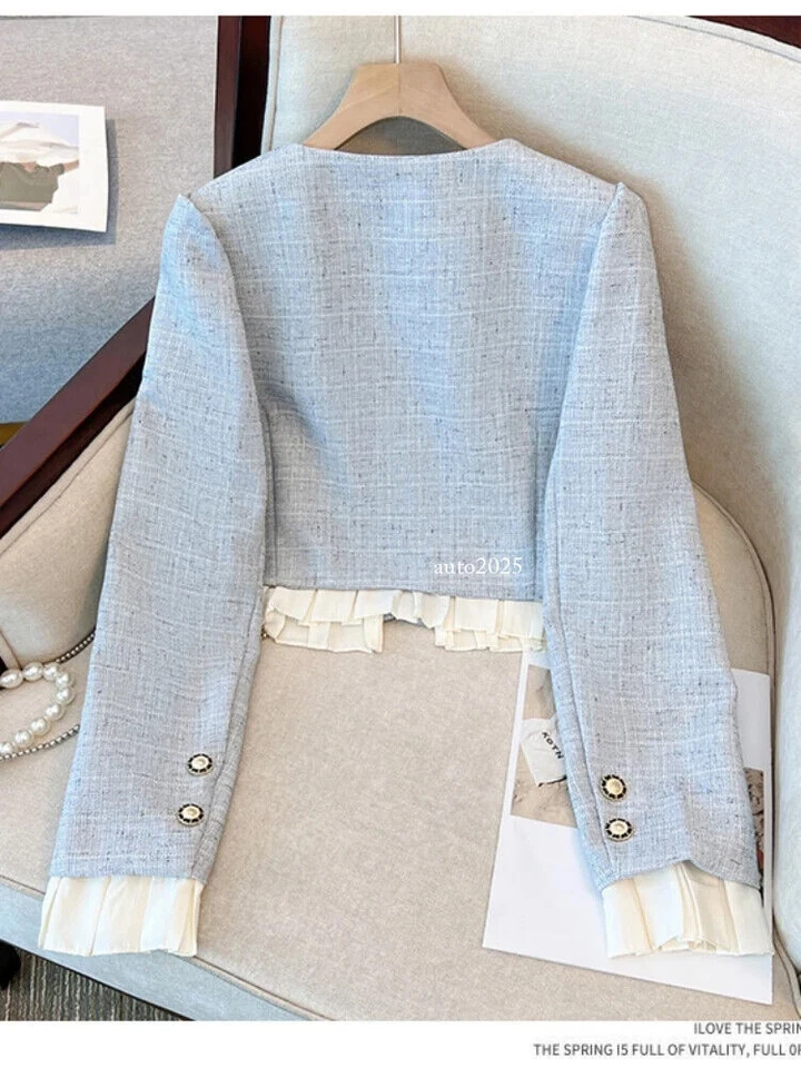 Otoño Invierno Tweed Francés Conjunto de 2 Piezas Chaqueta Corta Abrigo + Trajes Falda Larga Tejida Foto 4 de 4