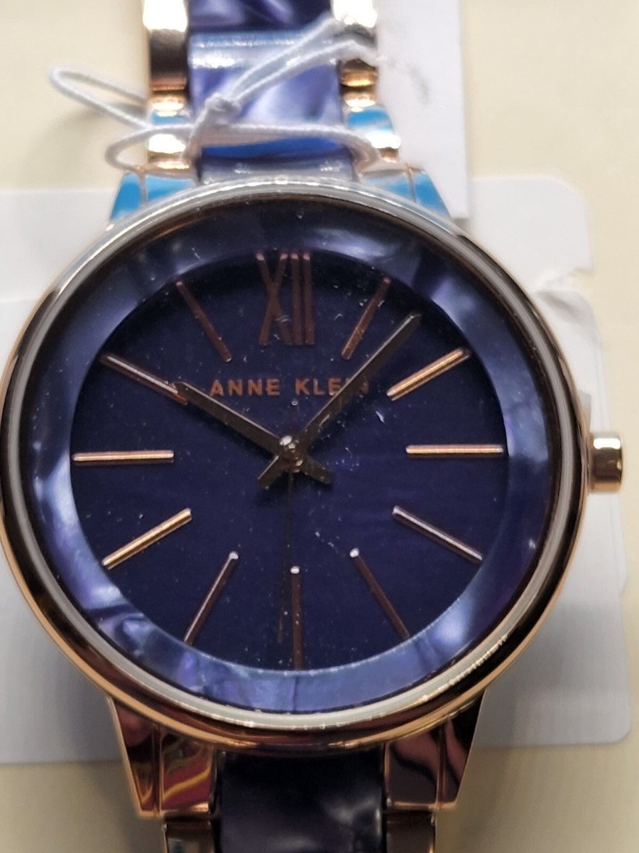 Ladies Anne Klein Gold Black Two Tone Navy Blue Dial Analog 