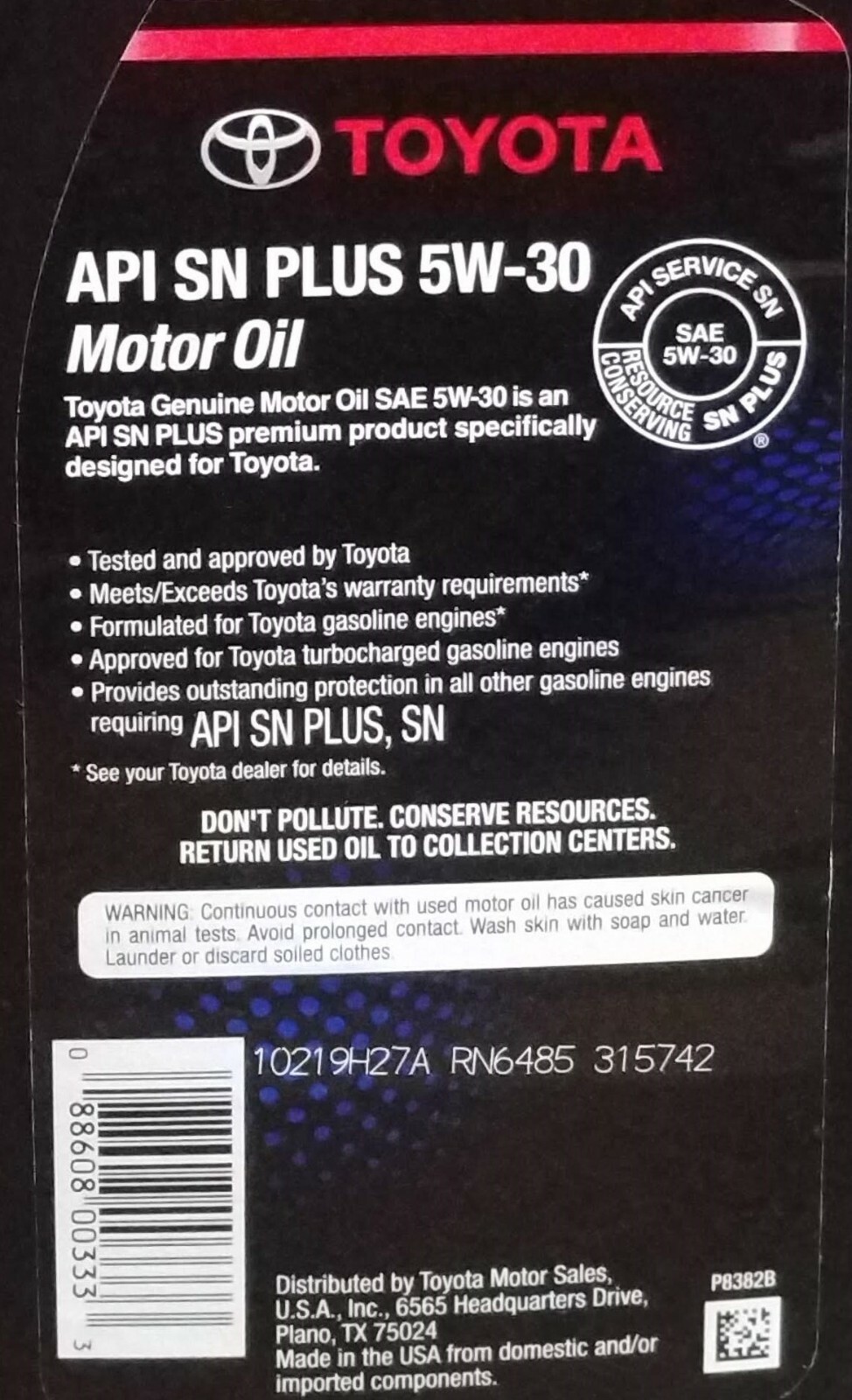 Toyota Motor Oil 5W30 Case of 6 Quarts