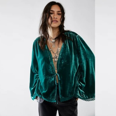 New Free People Velvet Bed Everglade Green Viscose Jacket Size XS